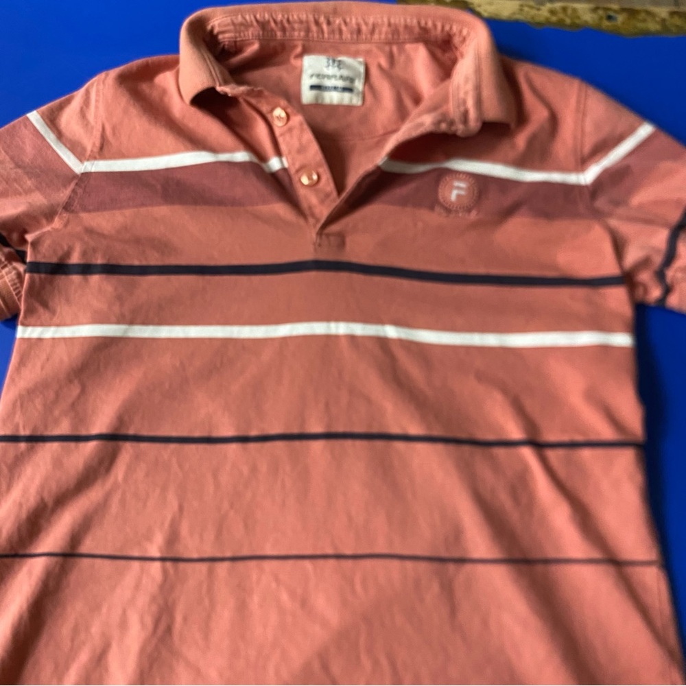 Ferrari Men's Polo Shirt - Coral and White Stripes
